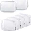 6 Pack Clear Toiletry Carry Pouch with Zipper Portable Plastic Waterproof Cosmetic Bag TSA Approved for Vacation Travel Bathroom and Organizing (White, Small)