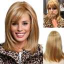 GNIMEGIL Wigs Strawberry Blonde Wig with Bangs Synthetic Hair Full Natural Hairstyle Straight Medium Length Bob Cut Halloween Beth Costume Wigs for Women Cosplay Wig Honey Blond