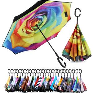 SIEPASA 49/56 Inch Inverted Reverse Upside Down Umbrella, Extra Large Double Canopy Vented Windproof Waterproof Stick Golf Umbrellas with C-shape Handle.