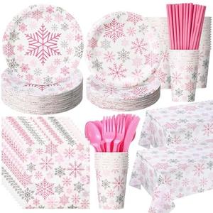 Funnymoom 452 Pcs Pink Snowflake Party Supplies Serves 50, Pink Snowflake Paper Plates Napkins Cups Tablecloth Cutlery Straws for Christmas Winter, Baby Shower Wonderland Birthday Party Decorations