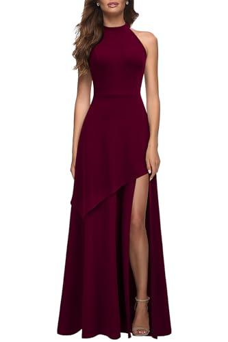MUSHARE Women's Halter Neck Formal Dress Sexy Split Party Long Cocktail Dresses Burgundy, Small
