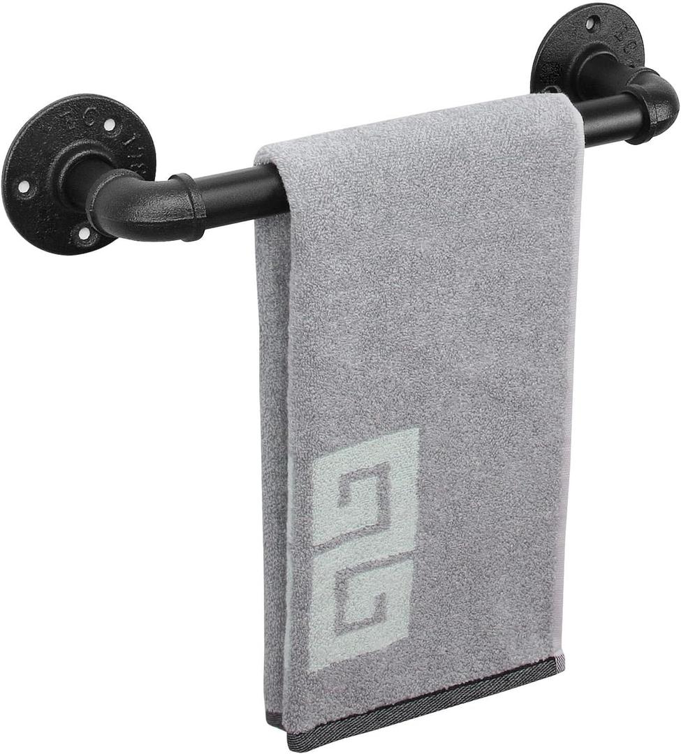 NearMoon Industrial Pipe Towel Bar, Heavy Duty Bathroom Hardware Towel Holder Accessory, Wall Mounted DIY Rustic Iron Bathroom Towel Rack Holder (12 Inch, Black)