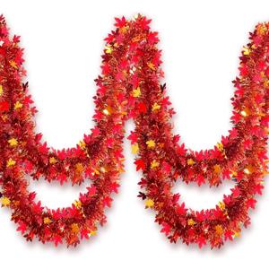33Ft Thanksgiving Fall Tinsel Garland Shiny Hanging Coarse-Textured Red Maple Leaf Metallic Twist Garland Autumn Decor for Fall Party Door Tree Garlands Decorations - (Red & Copper)