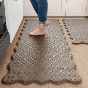 Upgrade Scalloped Embossed Kitchen Mats for Floor 2PCS Cushioned Anti Fatigue Waterproof Foam Kitchen Rugs Non Slip Washable Comfort Standing Mat for Sink Laundry, 17.3"x30"+17.3"x59", Brown (Basic Solid- Brown)
