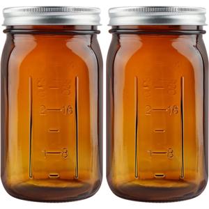 CARBLIN 2 Pack Mason Jars 32 oz, Amber Wide Mouth Canning Jars with Airtight Lids, Glass Pint Jars with Bands Labels Brush, Large Storage Quart Jars for Jam Fermenting Preserving