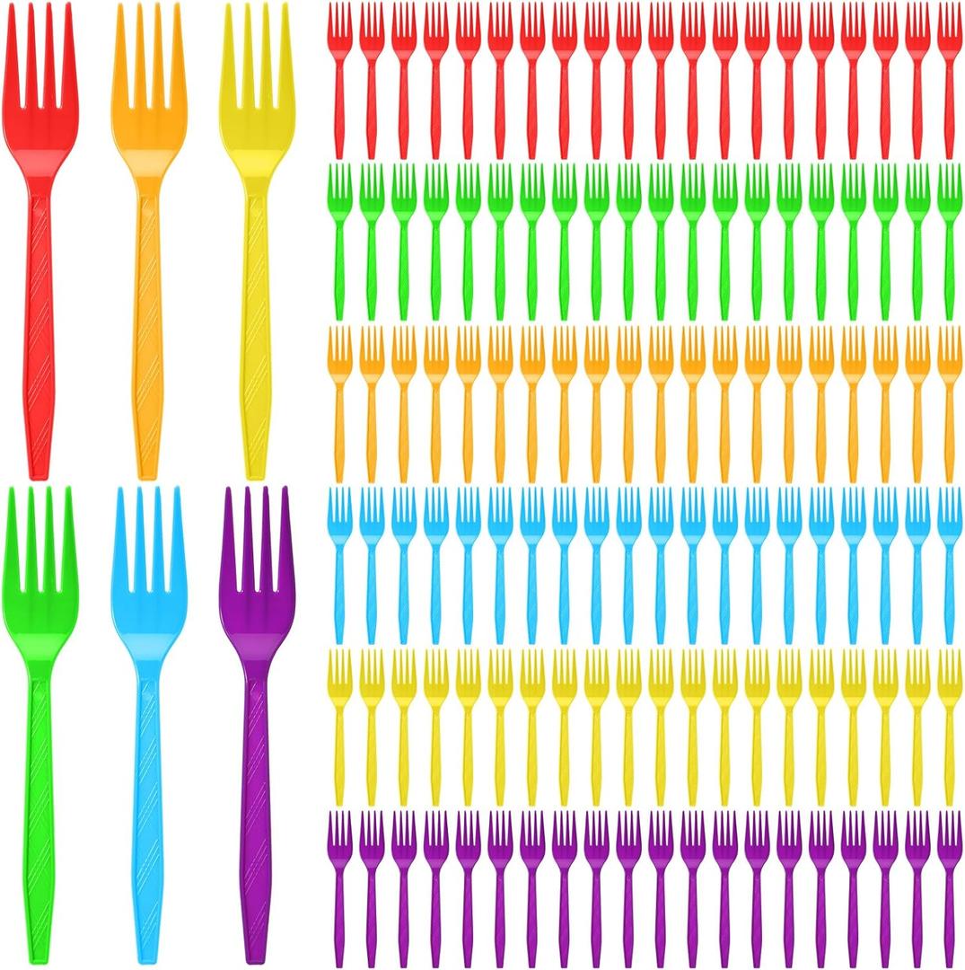 Tioncy 120 Pcs Rainbow Disposable Plastic Forks Bulk Colorful Disposable Cutlery Neon Plastic Forks for Holiday Party Picnics Restaurant Outdoor Events(Rainbow Colors)