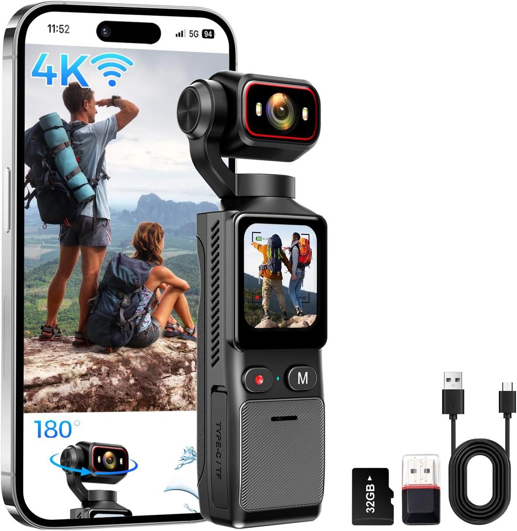 4K Vlogging Camera with WiFi, 180 Rotating Lens, 6-Axis Stabilization, Touchscreen, 32GB Card, Portable Handheld POV Camera, Personal Pocket Body Cam for Travel, Vlog, Selfies, Sports & Daily