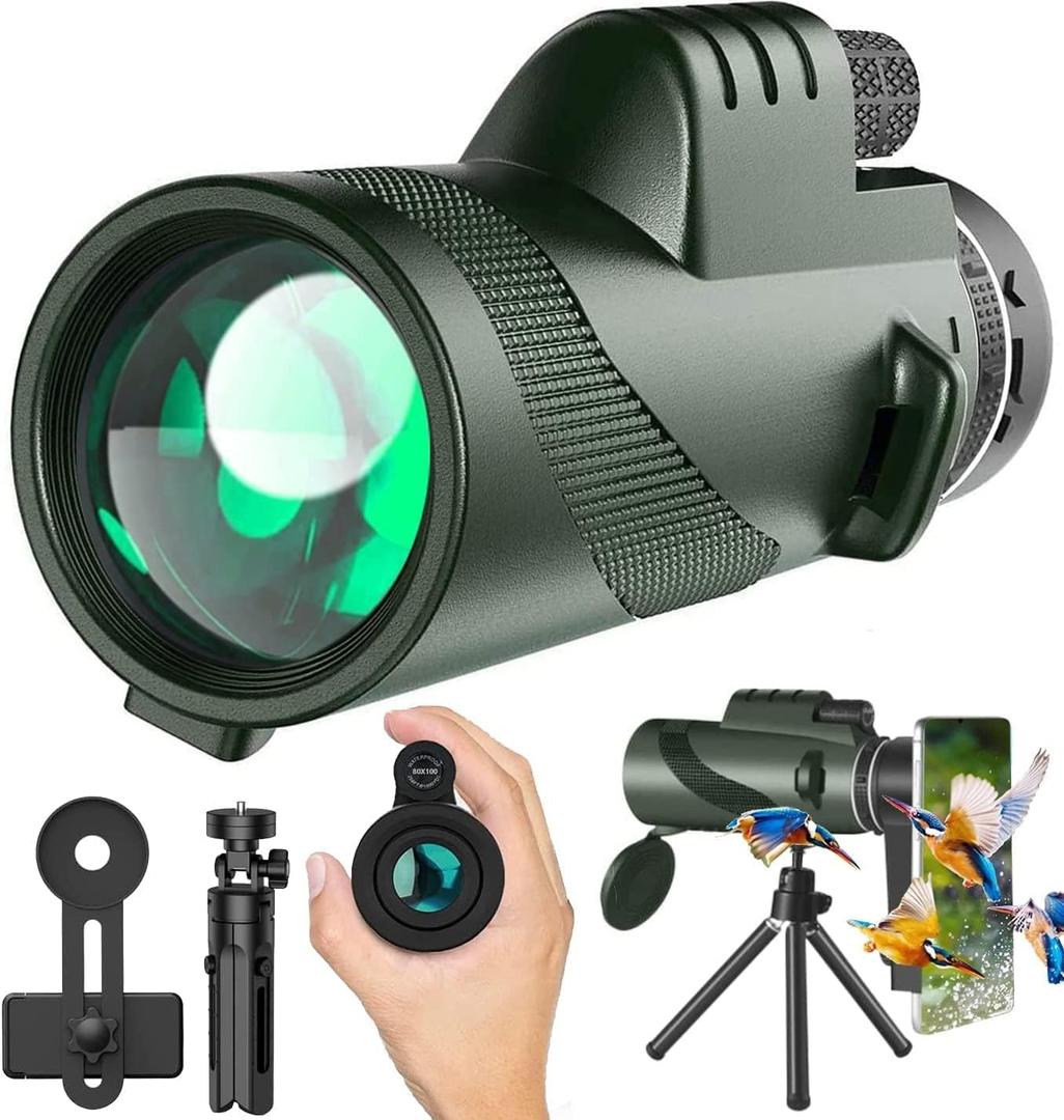 Monocular-Telescope 80x100 High Powered Monoculars High Definition for Adults High Powered with Smartphone Adapter Telescope Hunting Wildlife Bird Watching Travel Camping Hiking-Dark Green