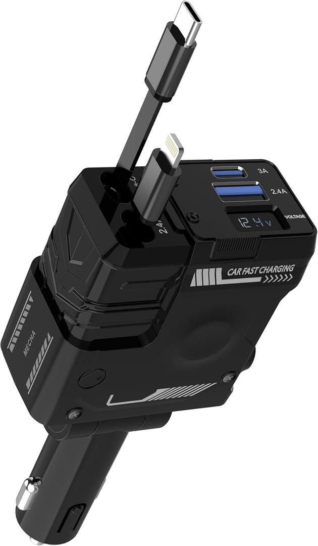 [Upgraded] Retractable Car Charger 4 in 1, with 2 Cables, Supports Super Fast Charging(Max 66W), 2 USB Ports Car Charger Adapter for iPhone 17/16/15/14/13/12 Pro Max, Fold7/6/S25/24, Pixel (Black)