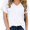 MIHOLL Women's Short Sleeve V-Neck Shirts Loose Casual Tee T-Shirt (Medium, 02 White)