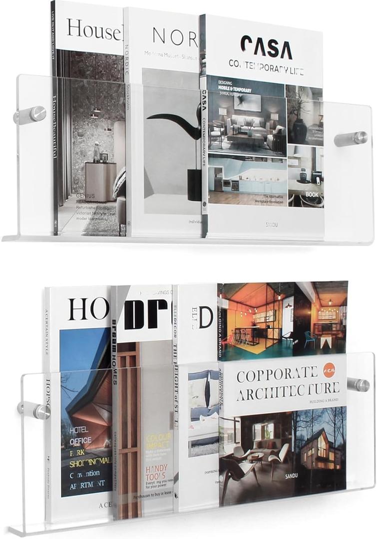 2 Pack Clear Acrylic Magazine Holder, Wall Mount Hanging Bookshelf Literature Storage Rack, Brochure File Display Shelf for Waiting Room, Living Room, Office, Home (Clear & 17 Inch)