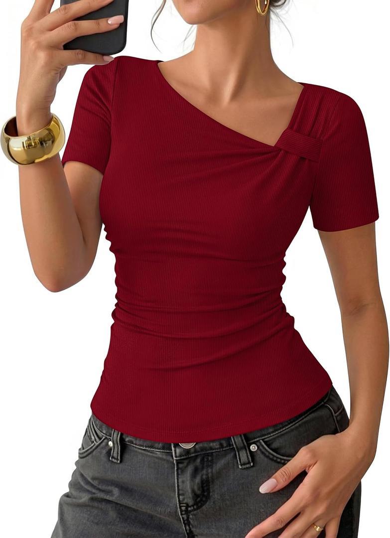 ZESICA Women’s Spring Asymmetrical Short Sleeve Tops 2026 Summer Ruched Fitted Going Out Shirts Fashion Vacation Clothes Wine Medium