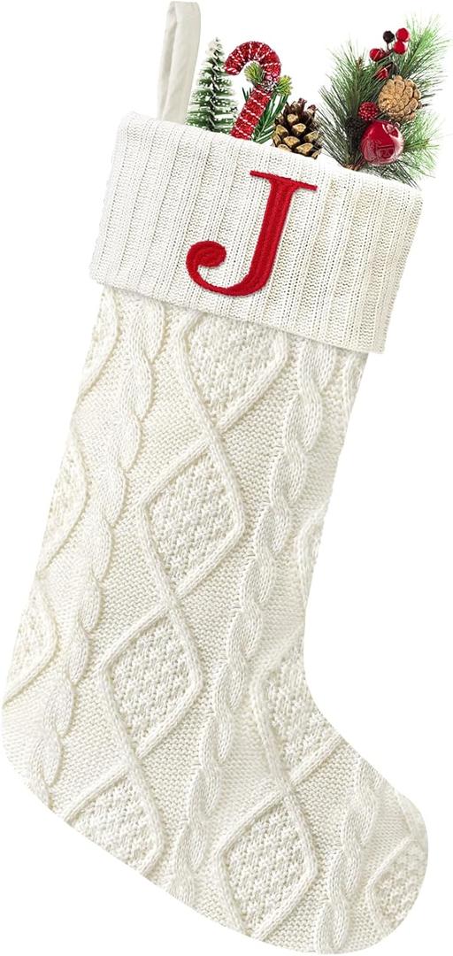 Senneny Christmas Stockings with Initials, 20 Large Embroidered Monogram Knitted Stockings for Family, Kids, Xmas Holiday Party Gifts & Decoration for Fireplace, White, Letter J