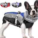 SlowTon Dog Jacket with Harness Built In - Waterproof Fleece Winter Warm Dog Coats for Small Medium Dogs, Reflective Adjustable Furry Puppy Vest Clothes for Outdoor Walking (Blue, M) (Chest 18.0"-21.0")