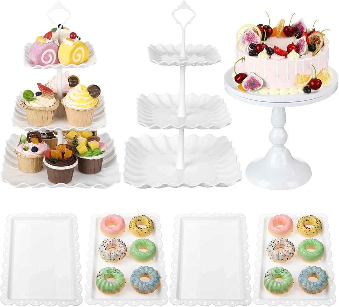7 Pcs Dessert Table Display Stand Set Include 2 3-Tier Plastic Cupcake Stands 1 Round Metal White Cake Tower 4 Serving Tray Display and Dessert Tray for Party Birthday Baby Shower Wedding