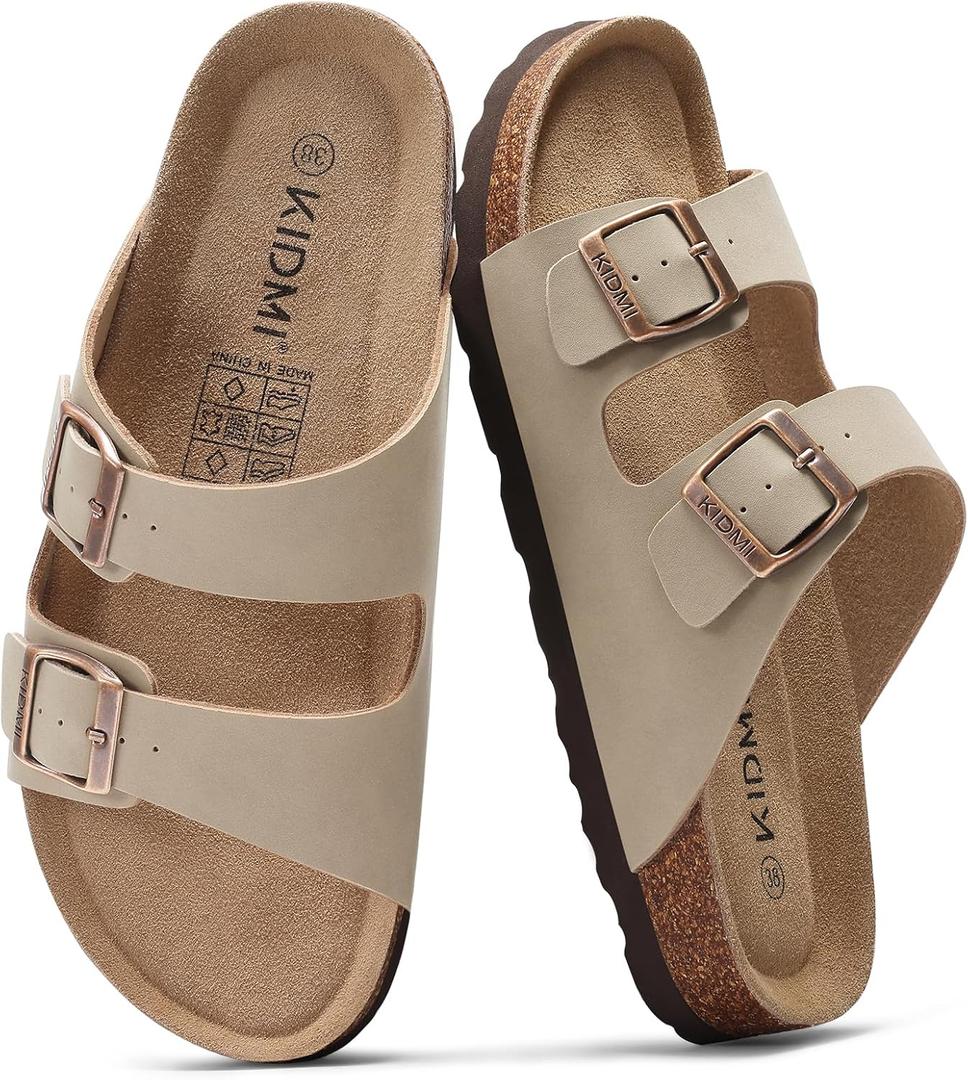 KIDMI Unisex Genuine Suede Summer Sandals Arch Support Cork Footbed Slide Sandals with Double Adjustable Buckle for Women Men (10 Women/8.5 Men, Stone)
