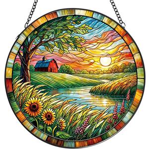 Sunflower Suncatcher,Stained Glass Window Hanging,Farm Landscape Sun Catcher for Windows,Crystal Suncatcher Indoor Home DecorGarden Decor Gift for Women,7.87 in,Mother’s Day