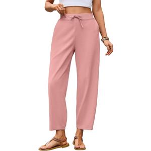 Puimentiua Womens Linen Pants Summer Lightweight Breathable Elastic Waist Drawstring Beach Vacation Pants with Pockets, L
