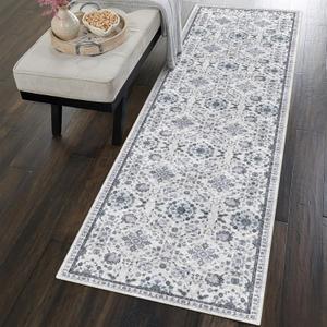 vivorug Machine Washable Runner Rug, 2' x 7', Entryway Rug Hallway Runner Rug, Floral Area Rug Vintage Inspired, Ivory/Blue