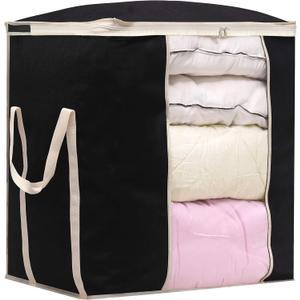 MISSLO King Comforters Storage Bag 120L for Blankets Clothes Sweaters Beddings Organizer with Reinfored Handles Non-Metal Fabric Storage Bin Organizer, Black