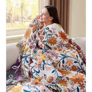 100% Cotton Boho Throw Blanket for Home Decor Classic Farmhouse Quilt Bedding, Muslin Blankets for Adults, Vintage Woven Decorative Blanket for Couch, Bed Layering Use, Botanic Floral, 50"x60"