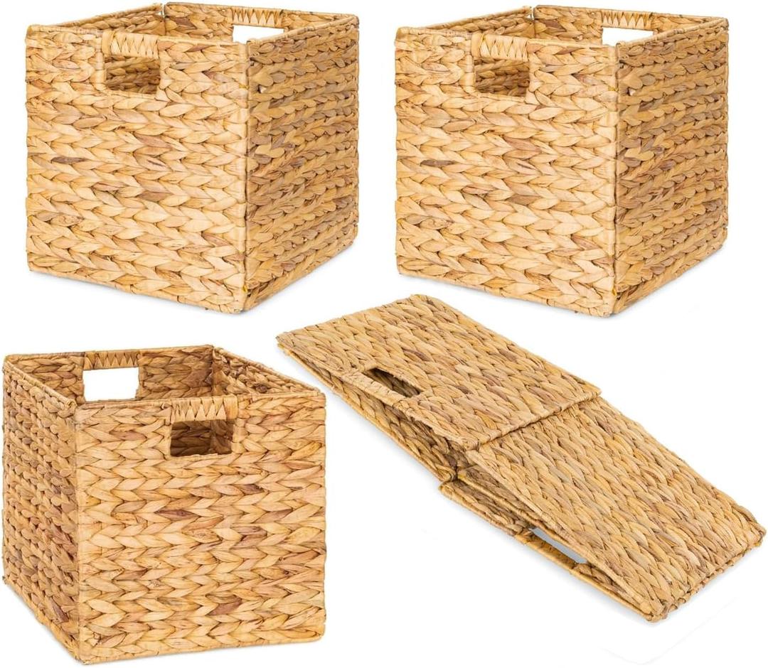 10.5'' Foldable Large Cube Water Hyacinth Wicker Storage Baskets with Handles and Built-in Metal Frame, 4 Pcs Stylish and Durable Hand Woven Bin Perfect for Shelves and Living Room Organizing
