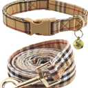 Cute Plaid Dog Collar Harness and Leash with Safety Buckle - Adjustable and No Pull Comfortable Dog Collars for Small Puppy, Stylish Durable Gift for Boy Girl Pets (beige-02)