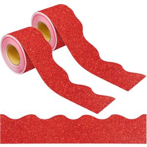131 Ft Red Glitter Bulletin Board Borders Red Scalloped Bulletin Board Trims Shiny Decorative Border Trims Sparkle Self-Adhesive Border Stickers for Classroom School Home Office Blackboard Desk