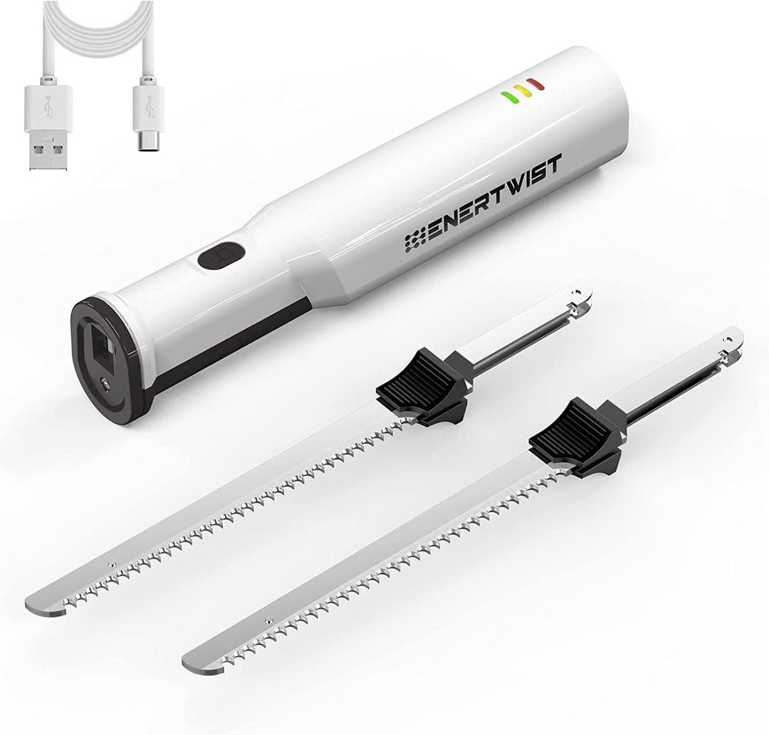 ENERTWIST Cordless Electric Knife Carving for Meat Turkey and Bread, 8V Battery Powered Electric Knife with 4 Stainless Steel Blades, Safety Lock