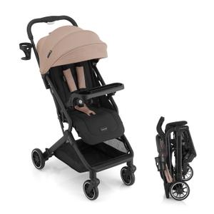 Gromast Lightweight Baby Stroller with Detachable Snack Tray, One-Hand Quick Fold, 15lbs Compact Travel Stroller with Adjustable Backrest, UV-Protective Canopy & Cup Holder - Khaki