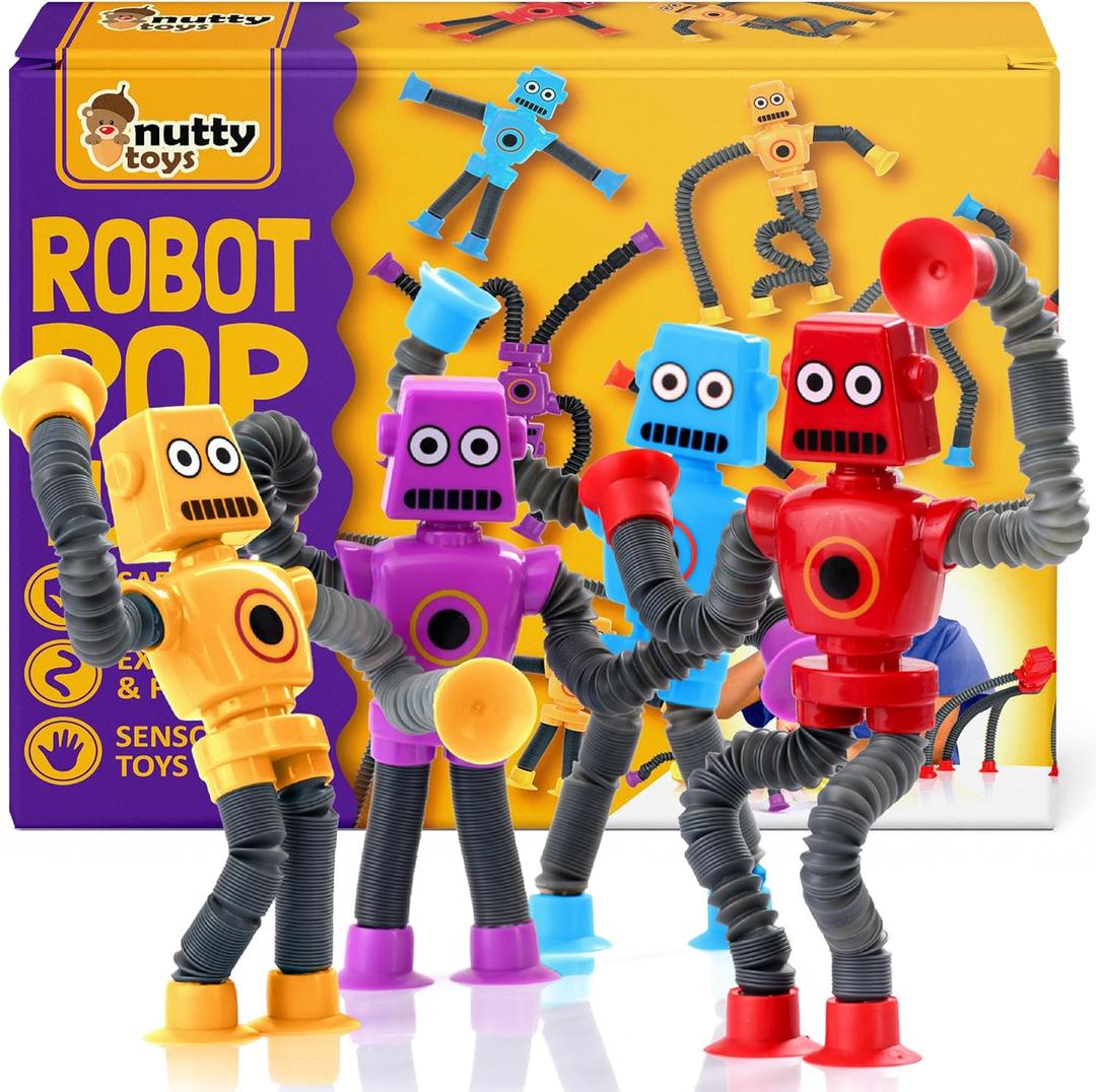 nutty toys Sensory Robot Toys 4pk - Top Pop Tubes Fidget 2026 for ADHD & Autism Ages 3 4 5 6 7 8 9 10 11 12, Best Kids Travel Idea, Unique Easter & Valentines Day Toddler, Tween, Girl & Boy Gifts