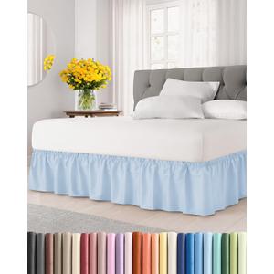 Wrap Around Dust Ruffle Bed Skirt - Sky Blue - for Queen Size Beds w/ 12 Inch Drop - Easy Fit Elastic Strap - Adjustable Pleated Bedskirt w/Brushed Fabric - Wrinkle Free, Women, Men, Kids & Teens