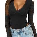 Saslax Women's Lace Bodysuit Sexy Deep V Neck Long Sleeve Body Suits Thong Slim Fit Double Lined Y2K Going Out Tops, Medium