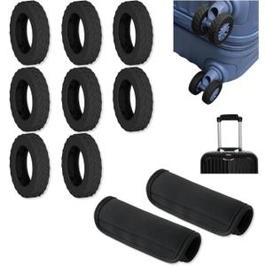 8-Pack Black Luggage Wheel Covers (Fits 2"-2.4" Double Wheels) & 2-Pack Black Handle Wraps - Silicone Tire-Textured Wheel Protectors, Wet-Suit Material Handle Grips for Travel