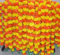 5 PC - 4.5 feet Marigold Garland | Indian/American Wedding Party Mantle Decoration | Faux Garlands Wedding Garland | Diwali Decoration | Spring Bush Floral | (Yellow Orange)