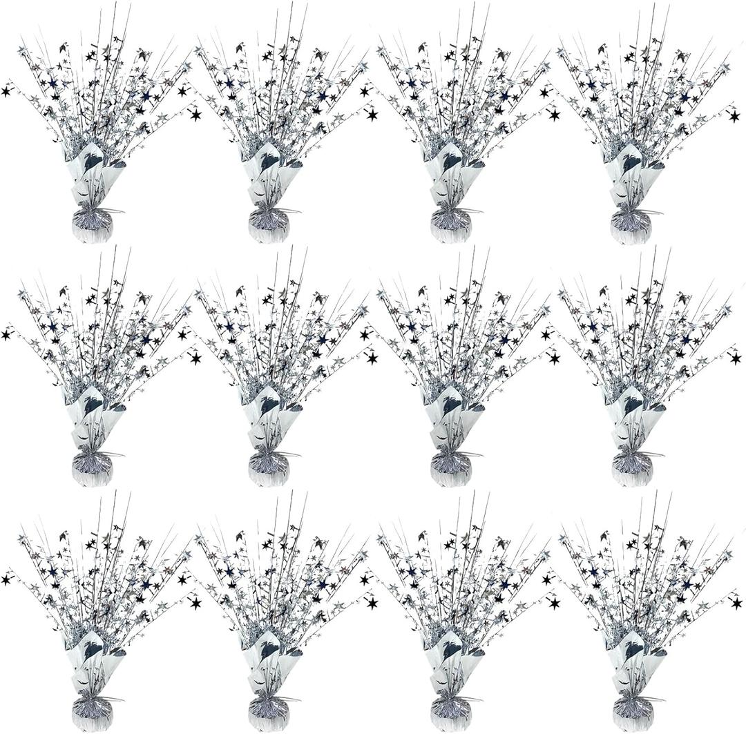 12 Pack Metallic Foil Spray Centerpiece Star Table Decoration Burst Table Centerpieces for New Years Nye Birthday Wedding Anniversary Graduation Holiday Party Supplies Decor, Silver