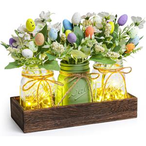 Easter Centerpiece Table Decorations for Table Runner Farmhouse Coffee Table Decor with Wood Tray and Led Light Table Centerpieces for Dining Room Kitchen Living,Green (Yellow)
