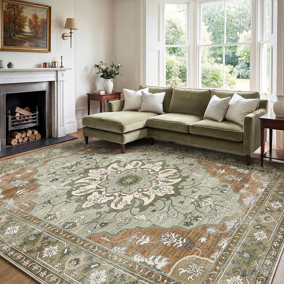 Washable Area Rug 9x12, Vintage Floral Carpet
