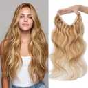 Halo Hair Extensions Real Human Hair Invisible Wire Extensions with Transparent Fish Line Wavy Curly Halo Clip in Human Hairpieces Golden Brown & Bleach Blonde 12 Inch