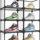 Magnetic Side Open Transparent Plastic Storage Shoe Box Clear Shoe Display Case Sneaker Shoe Storage Box Display Box Shoe Container Clear Closet Shelf Shoe Organizer (Black 8PC) (Black Aluminum Frame)