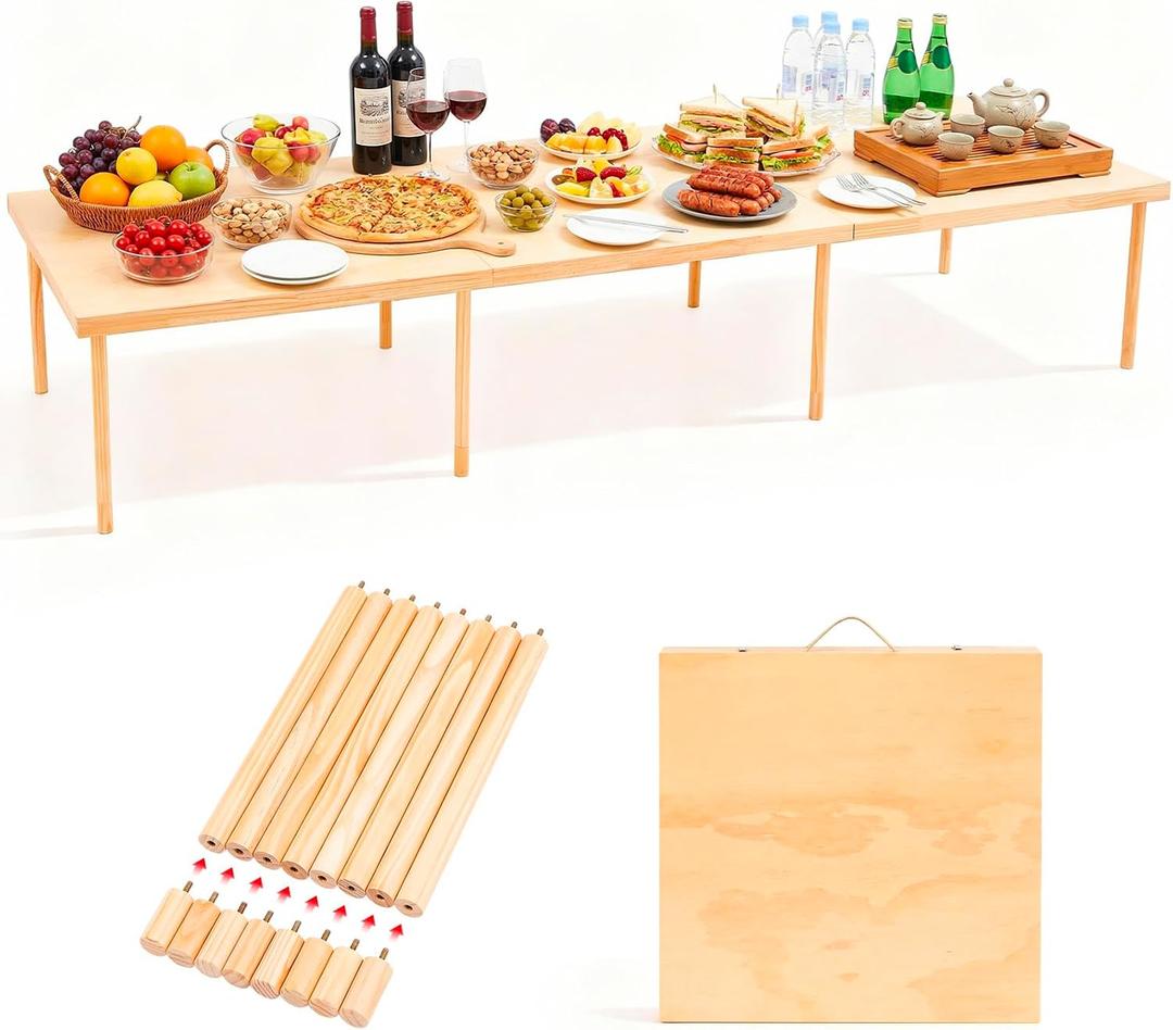 Leinuosen 90"x30" Boho Wooden Picnic Table, Portable Folding Outdoor Low Picnic Table with Adjustable Legs Height 13'' & 16'' for Floor Seating, Beach, Camping, BBQ, Backyard, Seating for 8-10 People