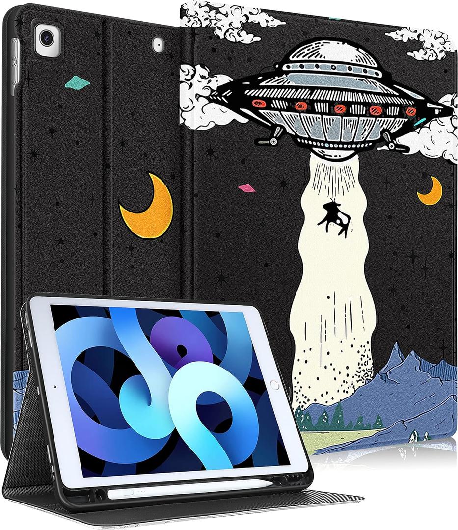 for iPad 9th/8th/7th Generation Case 10.2 Inch Girls Cute Boys Kids Women Folio Smart Cover with Pencil Holder UFO Cool Design Funny Fun Men Teens Cases for iPad 7/8/9 Gen A2602 A2270 A2197