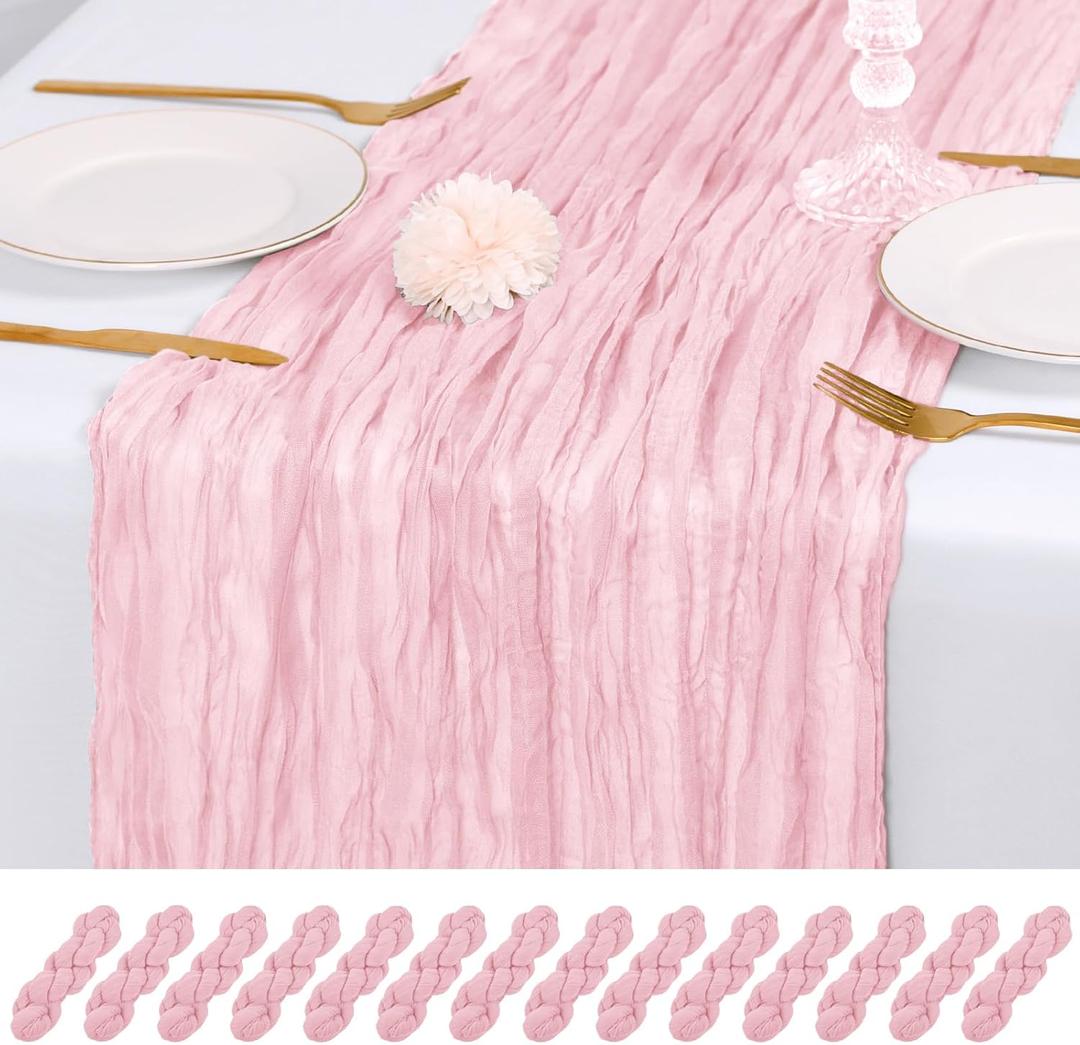 14 Pack Light Pink Cheesecloth Table Runner 17x108 Inch Semi Sheer Boho Gauze Cheese Cloth Fabric Table Runners, for Wedding Party Baby Shower Birthday Home Decor Garden Farmhouse