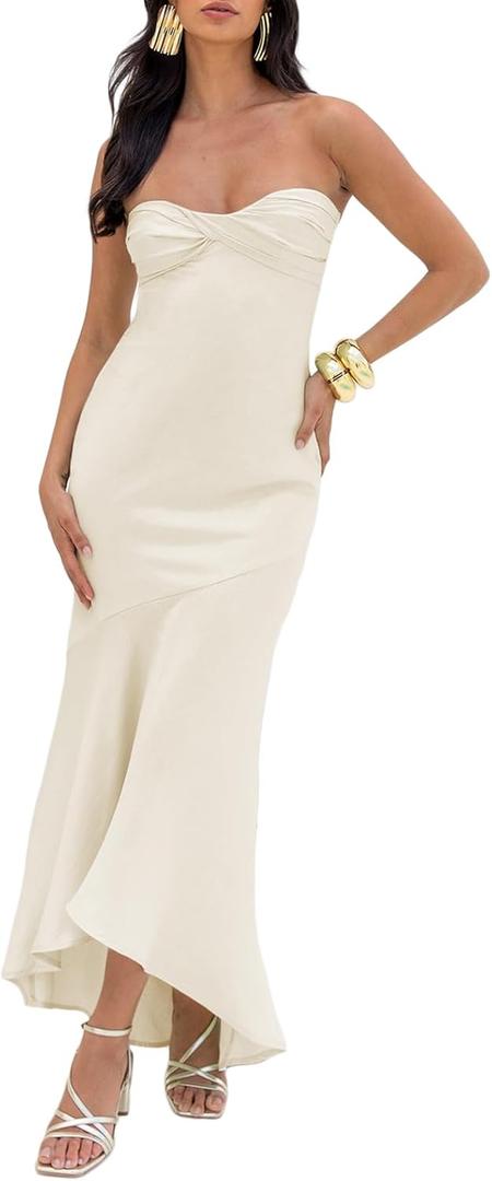 Summer Satin Tube Top Strapless Midi Dress for Women 2025 Formal Ruched Backless Wedding Guest Long Dresses (White, S)