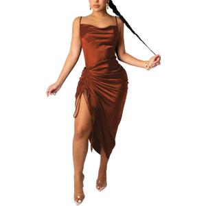 Women's Spaghetti Strap Satin Dress Sexy Backless Drawstring Ruched Split Hem Cocktail Evening Party (Medium, 30-copper)