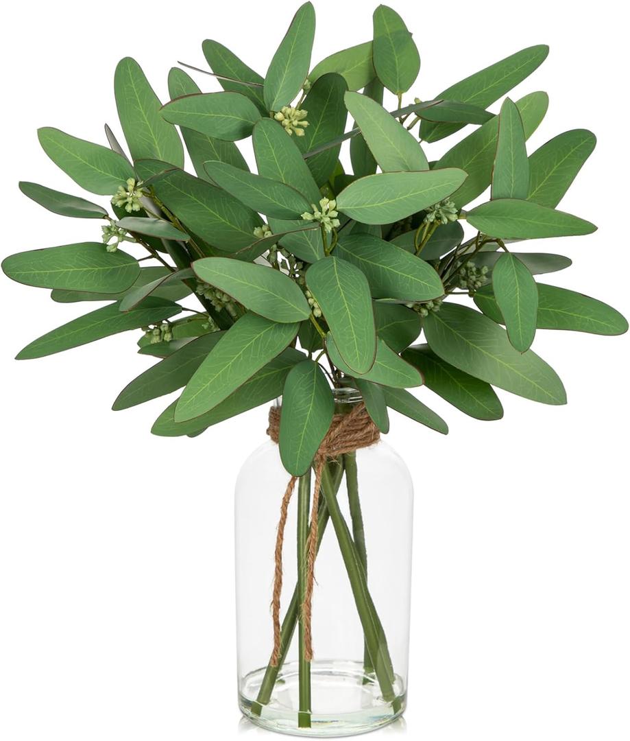 Fake Real-Touch Eucalyptus in Glass Vase with Faux Water  Realistic Faux Greenery Decor, 15.7" Tall, Artificial Eucalyptus Arrangement for Home, Farmhouse, Kitchen, Bathroom, Office