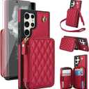 Phone Case for Samsung Galaxy S21 Ultra 5G Wallet Cell Cover with Tempered Glass Screen Protector Wrist Crossbody Strap Lanyard RFID Blocking Card Holder S21ultra 21S S 21 21ultra G5 Women Girls Red