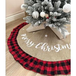 AISENO 48 Inch Christmas Tree Skirt Linen Burlap Buffalo Plaid Edge Decoration for Merry Christmas Party Red and Black Buffalo Christmas Tree Skirt Decorations