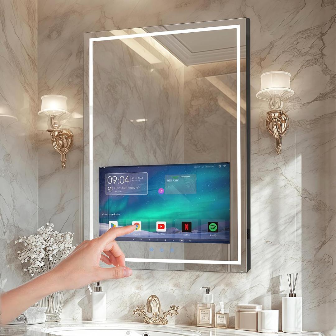 Haocrown 24x32 Inch Smart Bathroom Mirror with 21.5" Hidden Touchscreen, Android System, Built-in Speakers, Clock & Weather, 3 Color Dimmable LED, Anti-Fog, WiFi Bluetooth HDMI, Wall Mounted