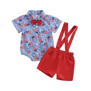 Nibbcoa 4th of July Baby Boy Outfit Newborn Infant Button Down Shirt Romper Top Shorts Gentleman Fourth Of July Clothes (Blue, 3-6 Months) (Blue)